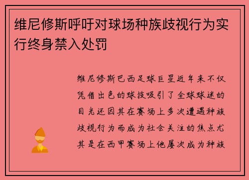 维尼修斯呼吁对球场种族歧视行为实行终身禁入处罚 维尼修斯呼吁对球场种族歧视行为实行终身禁入处罚